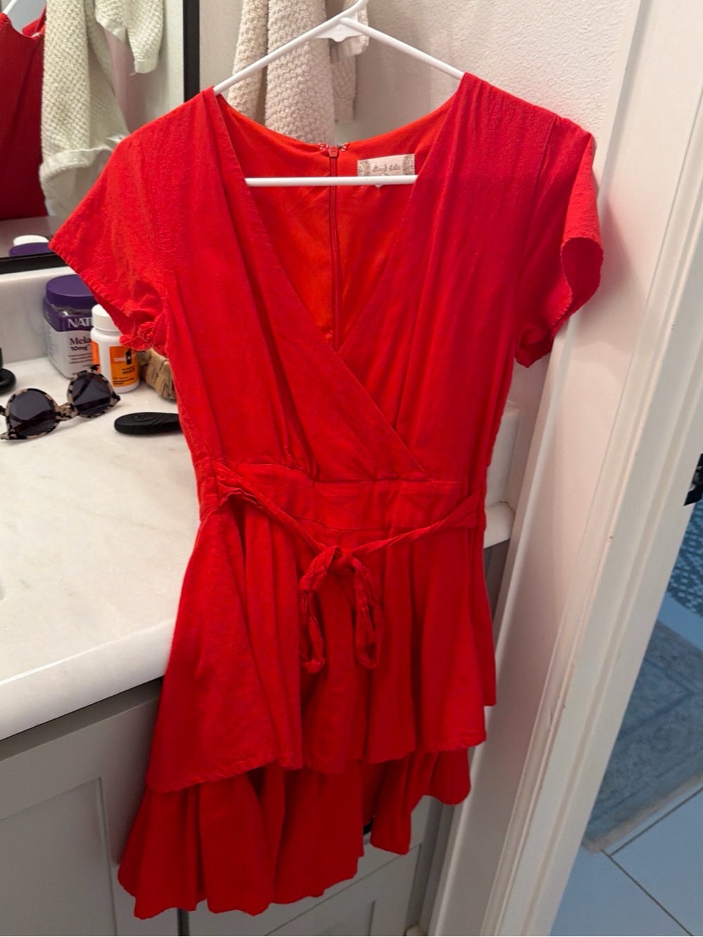Bright Red Wrap-Style Tiered Romper